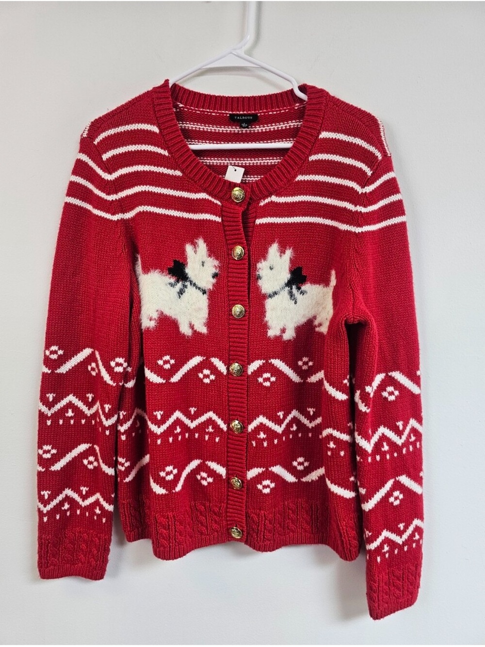 Talbots Red Knit Dog Motif Cardigan Sweater
